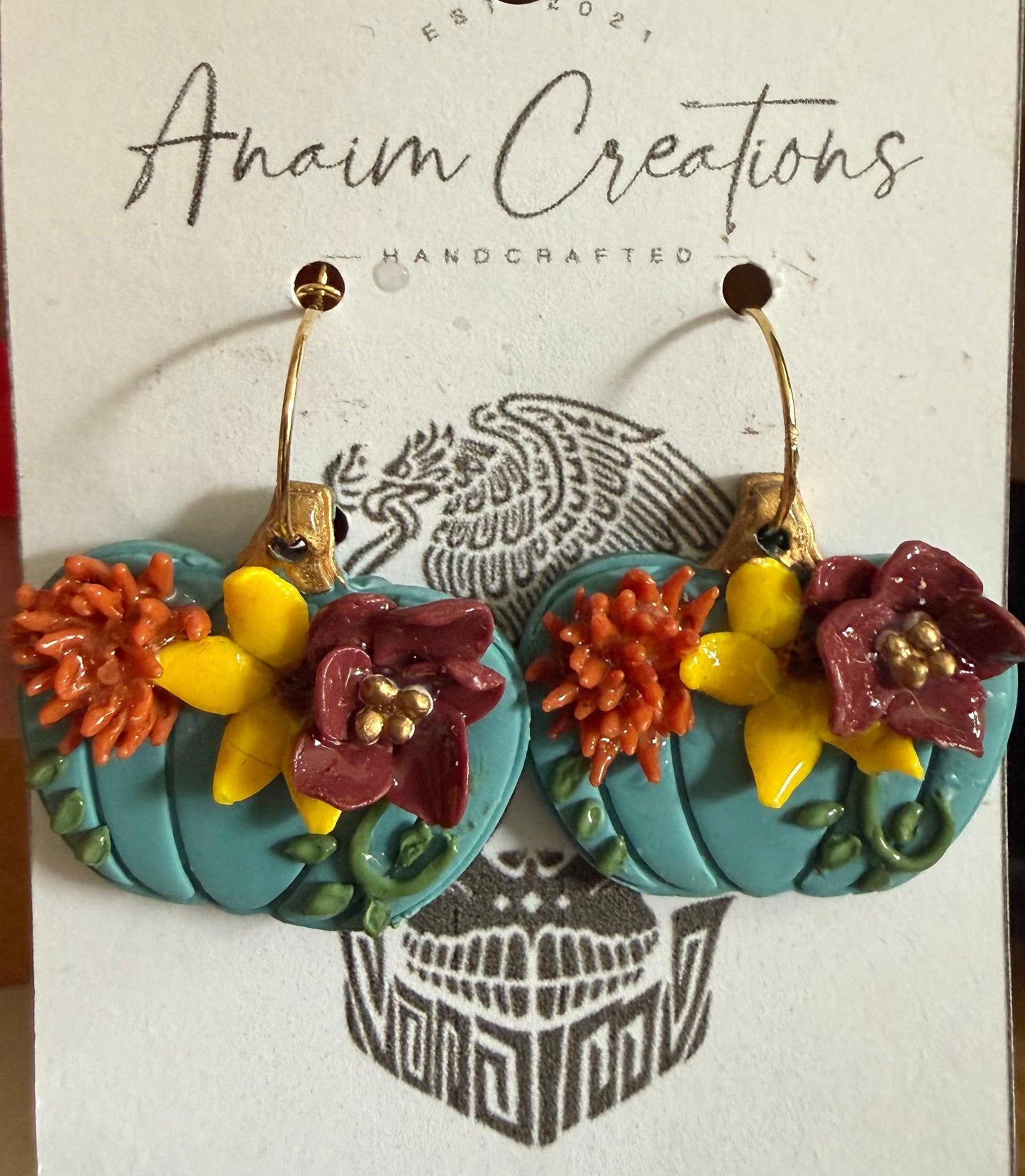 Large Blue Floral Pumpkin Earrings