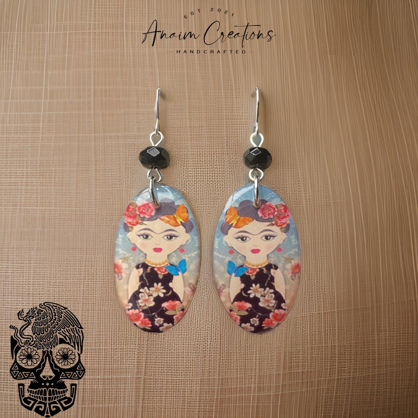 Cartoon Frida Earrings + Glass Bead