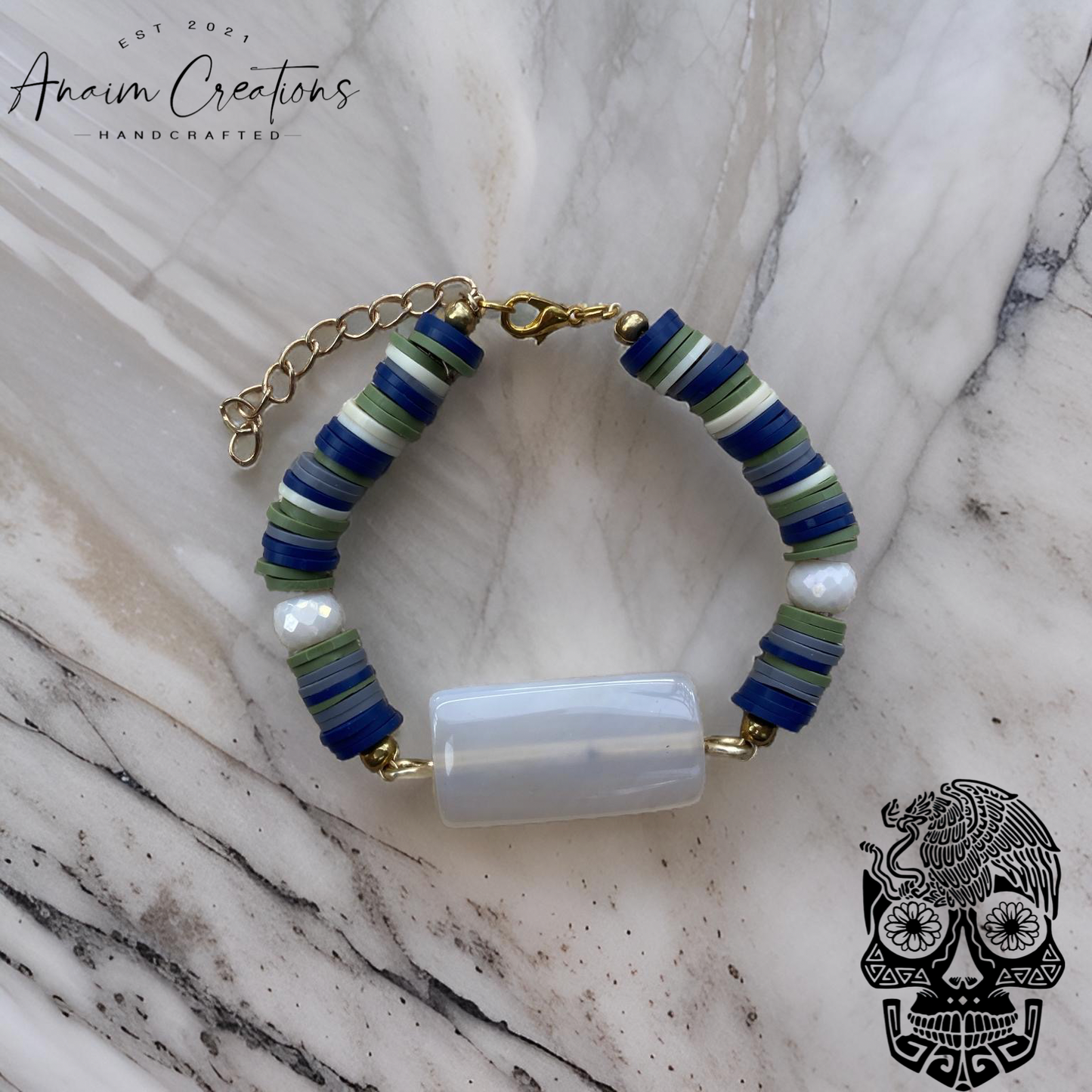 Blue/Olive Heishi Bead Bracelet with Agate Focal Bead