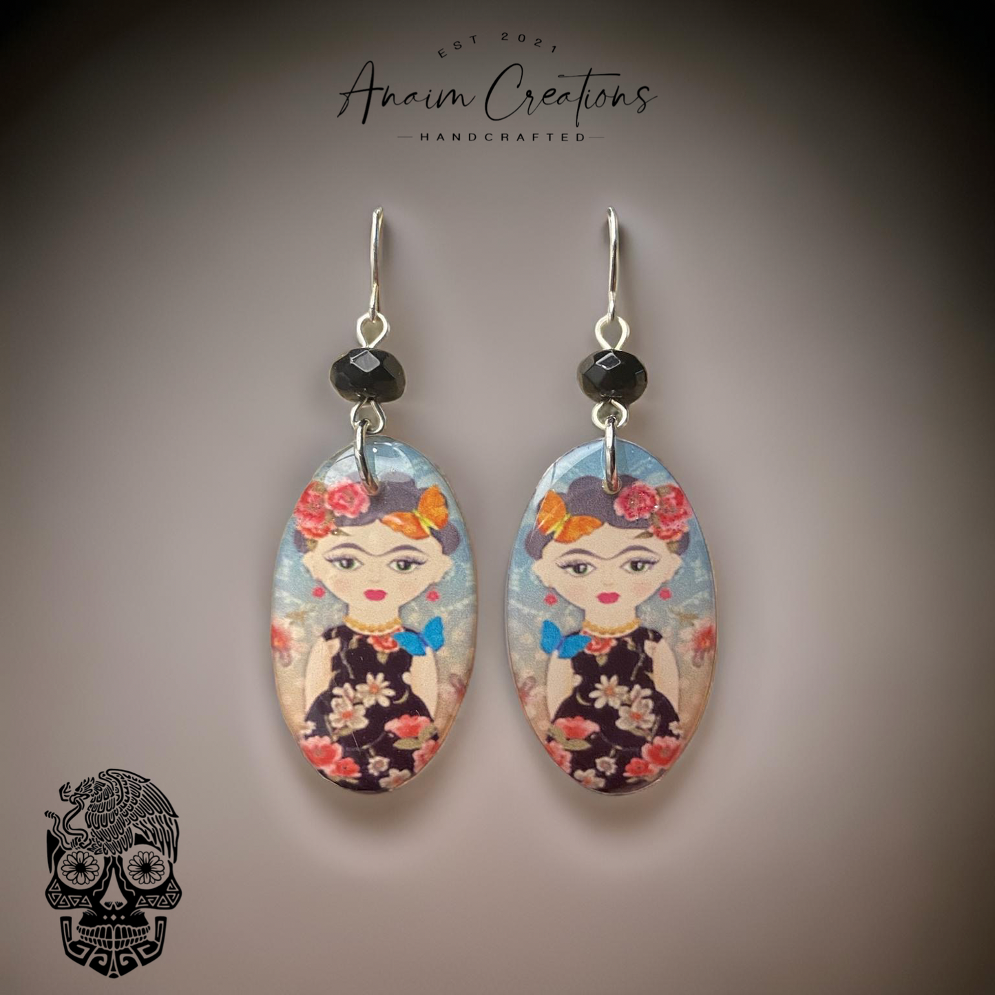 Cartoon Frida Earrings + Glass Bead