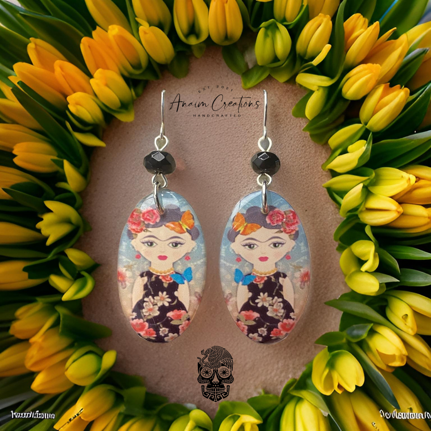 Cartoon Frida Earrings + Glass Bead