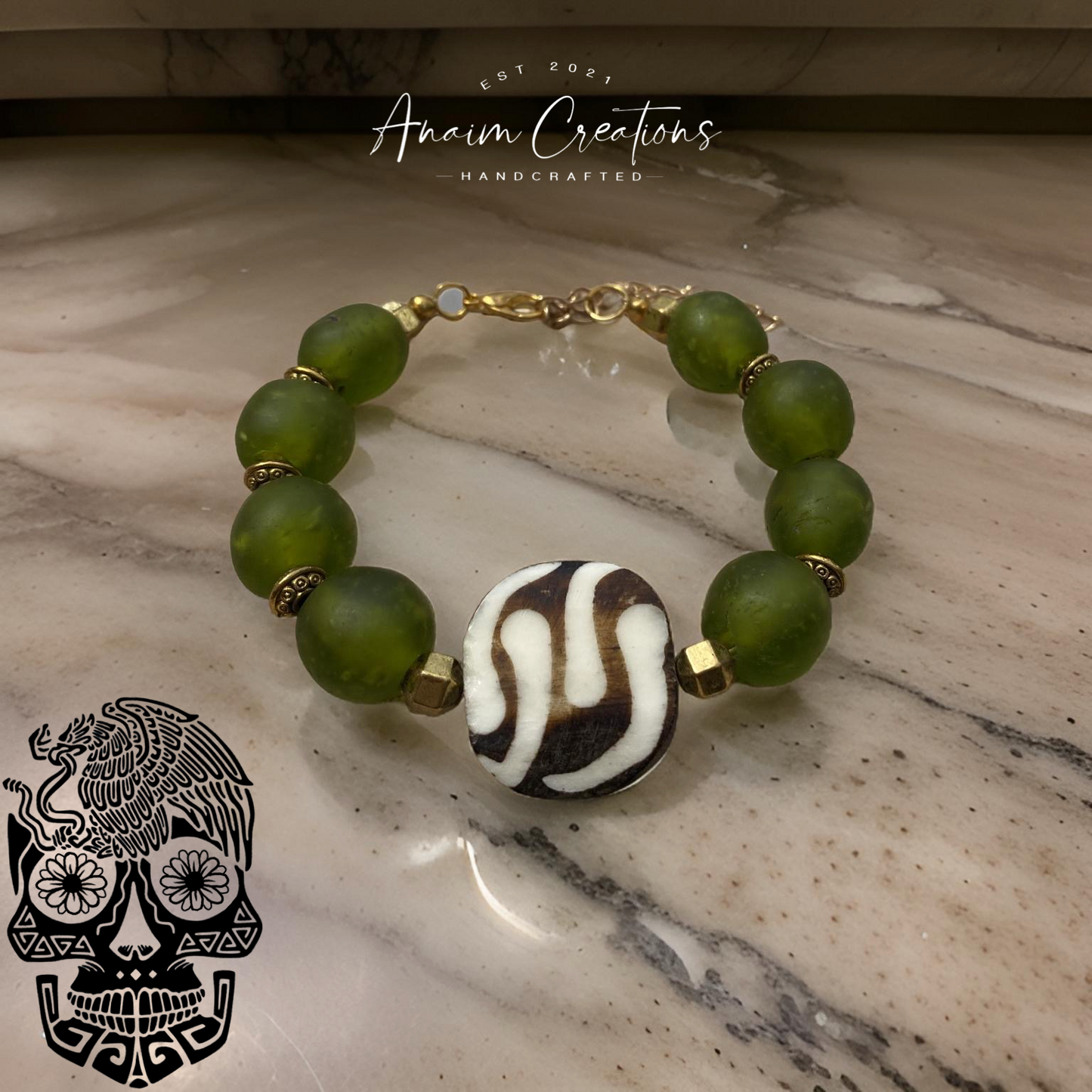 Bone + Recycle Green Glass Bracelet