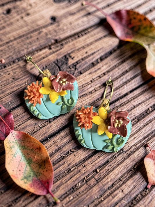 Large Blue Floral Pumpkin Earrings